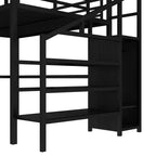 Lit superposé surélevé Bellemave Queen avec bureau en L, armoire, port USB et LED, lit superposé en métal avec escalier de rangement et étagère réglable, noir