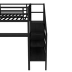 Lit superposé surélevé Bellemave Queen avec bureau en L, armoire, port USB et LED, lit superposé en métal avec escalier de rangement et étagère réglable, noir
