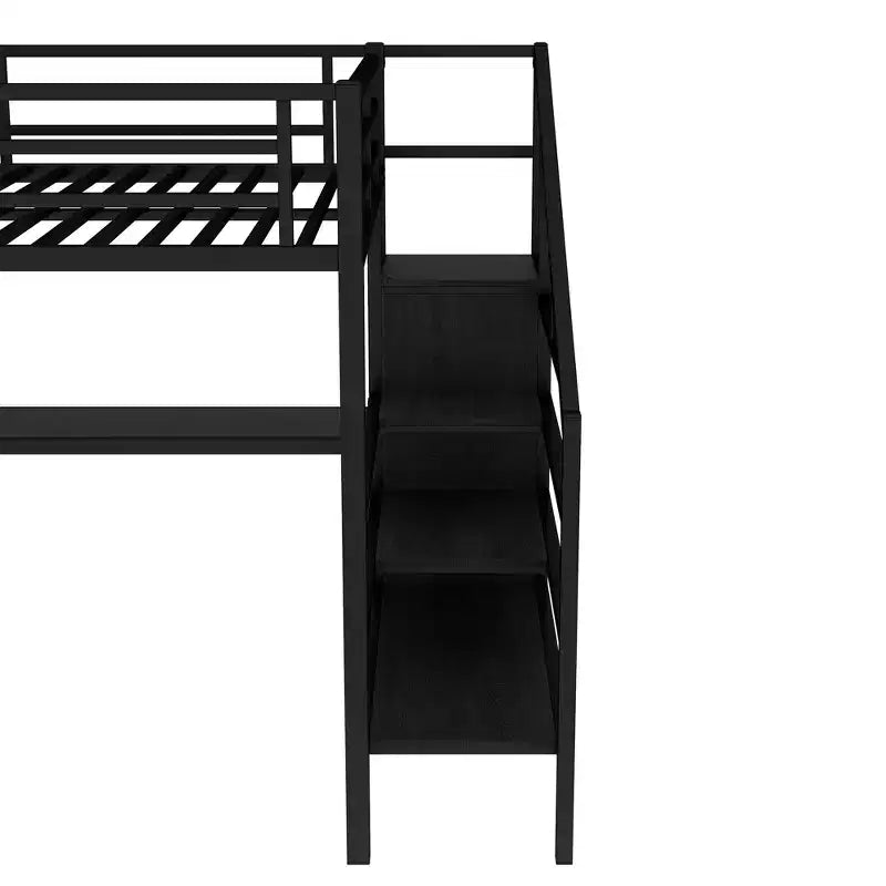Lit superposé surélevé Bellemave Queen avec bureau en L, armoire, port USB et LED, lit superposé en métal avec escalier de rangement et étagère réglable, noir