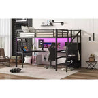 Lit superposé surélevé Bellemave Queen avec bureau en L, armoire, port USB et LED, lit superposé en métal avec escalier de rangement et étagère réglable, noir