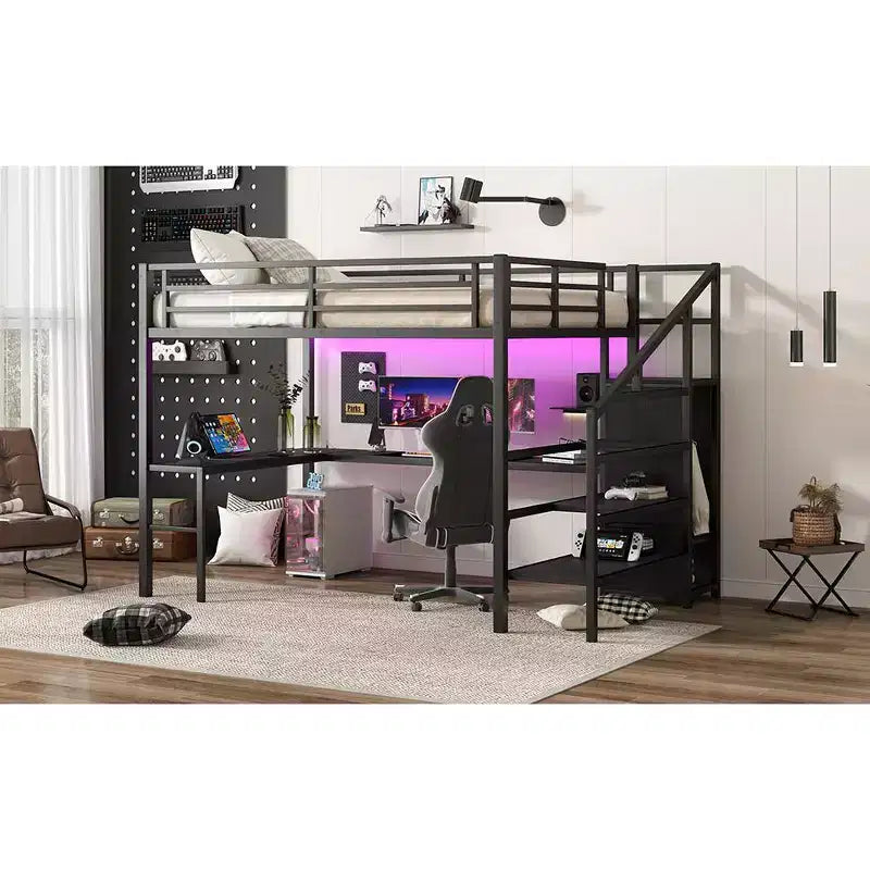 Lit superposé surélevé Bellemave Queen avec bureau en L, armoire, port USB et LED, lit superposé en métal avec escalier de rangement et étagère réglable, noir