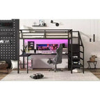 Lit superposé surélevé Bellemave Queen avec bureau en L, armoire, port USB et LED, lit superposé en métal avec escalier de rangement et étagère réglable, noir