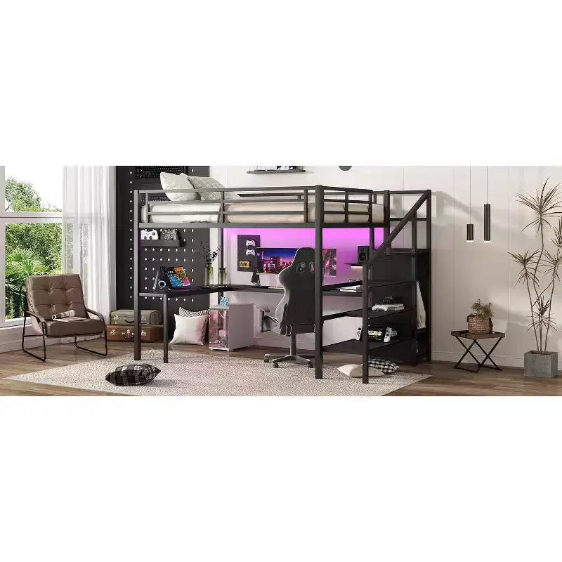 Lit superposé surélevé Bellemave Queen avec bureau en L, armoire, port USB et LED, lit superposé en métal avec escalier de rangement et étagère réglable, noir