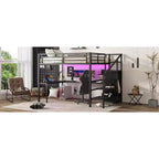 Lit superposé surélevé Bellemave Queen avec bureau en L, armoire, port USB et LED, lit superposé en métal avec escalier de rangement et étagère réglable, noir