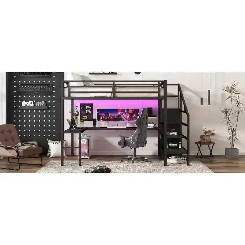 Lit superposé surélevé Bellemave Queen avec bureau en L, armoire, port USB et LED, lit superposé en métal avec escalier de rangement et étagère réglable, noir