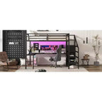 Lit superposé surélevé Bellemave Queen avec bureau en L, armoire, port USB et LED, lit superposé en métal avec escalier de rangement et étagère réglable, noir