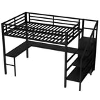 Lit superposé surélevé Bellemave Queen avec bureau en L, armoire, port USB et LED, lit superposé en métal avec escalier de rangement et étagère réglable, noir
