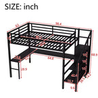 Lit superposé surélevé Bellemave Queen avec bureau en L, armoire, port USB et LED, lit superposé en métal avec escalier de rangement et étagère réglable, noir