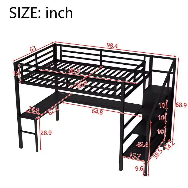 Lit superposé surélevé Bellemave Queen avec bureau en L, armoire, port USB et LED, lit superposé en métal avec escalier de rangement et étagère réglable, noir