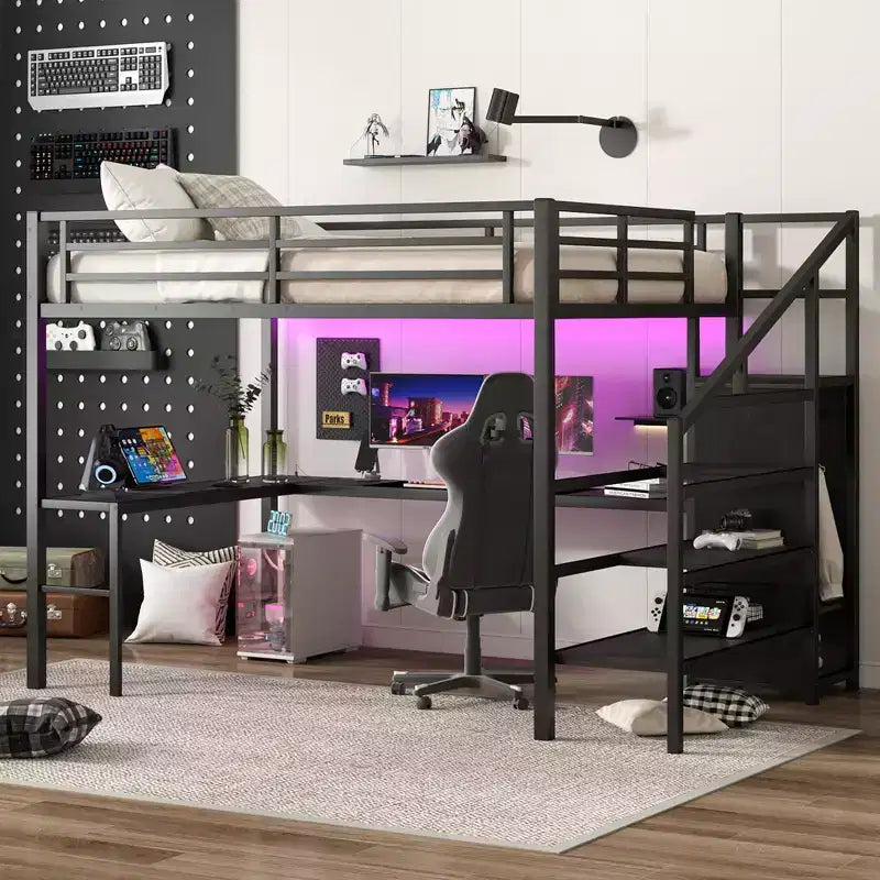 Lit superposé surélevé Bellemave Queen avec bureau en L, armoire, port USB et LED, lit superposé en métal avec escalier de rangement et étagère réglable, noir