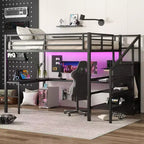 Lit superposé surélevé Bellemave Queen avec bureau en L, armoire, port USB et LED, lit superposé en métal avec escalier de rangement et étagère réglable, noir