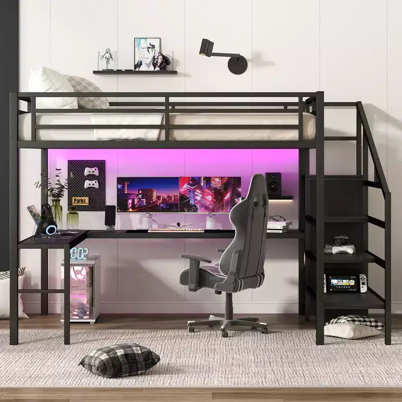 Lit superposé surélevé Bellemave Queen avec bureau en L, armoire, port USB et LED, lit superposé en métal avec escalier de rangement et étagère réglable, noir