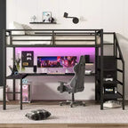 Lit superposé surélevé Bellemave Queen avec bureau en L, armoire, port USB et LED, lit superposé en métal avec escalier de rangement et étagère réglable, noir