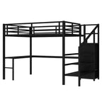 Lit superposé surélevé Bellemave Queen avec bureau en L, armoire, port USB et LED, lit superposé en métal avec escalier de rangement et étagère réglable, noir