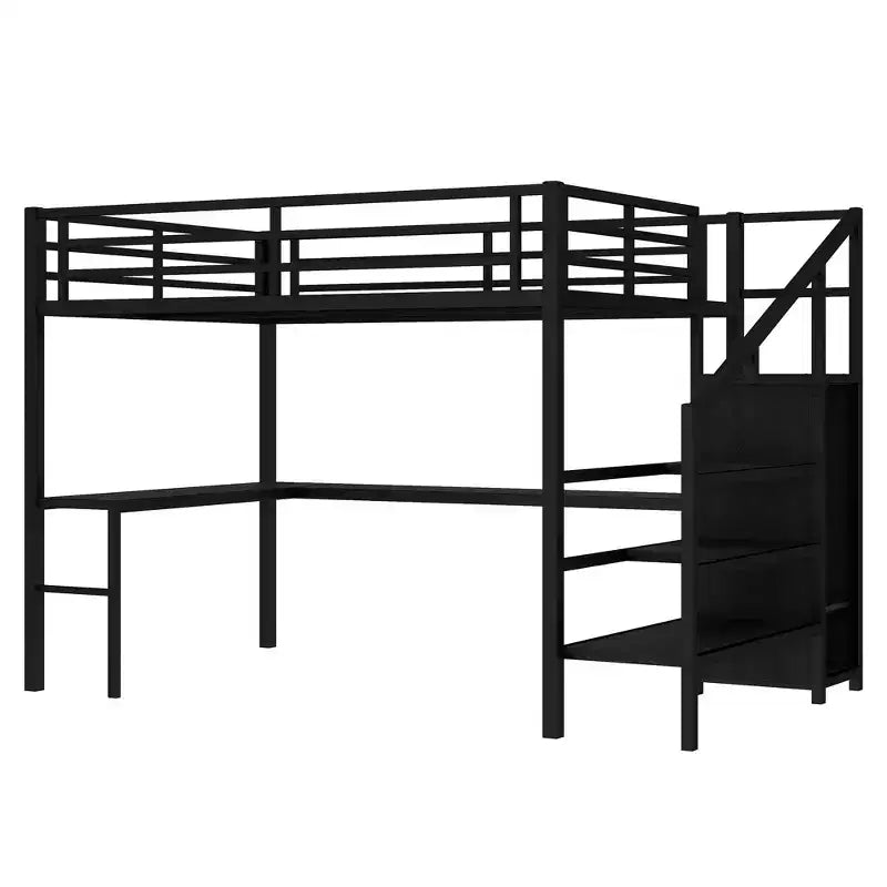 Lit superposé surélevé Bellemave Queen avec bureau en L, armoire, port USB et LED, lit superposé en métal avec escalier de rangement et étagère réglable, noir