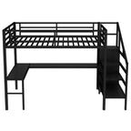 Lit superposé surélevé Bellemave Queen avec bureau en L, armoire, port USB et LED, lit superposé en métal avec escalier de rangement et étagère réglable, noir