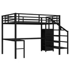 Lit superposé surélevé Bellemave Queen avec bureau en L, armoire, port USB et LED, lit superposé en métal avec escalier de rangement et étagère réglable, noir