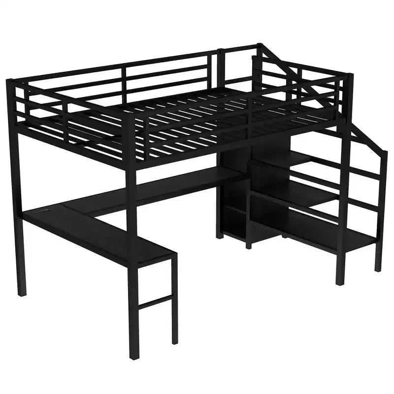 Lit superposé surélevé Bellemave Queen avec bureau en L, armoire, port USB et LED, lit superposé en métal avec escalier de rangement et étagère réglable, noir