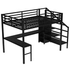 Lit superposé surélevé Bellemave Queen avec bureau en L, armoire, port USB et LED, lit superposé en métal avec escalier de rangement et étagère réglable, noir