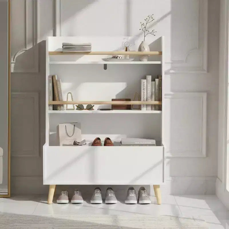 Étagère pour enfants Homy Casa avec étagères ouvertes et bac de rangement, Bibliothèque blanche avec pieds en bois pour salle de jeux ou chambre d'enfant