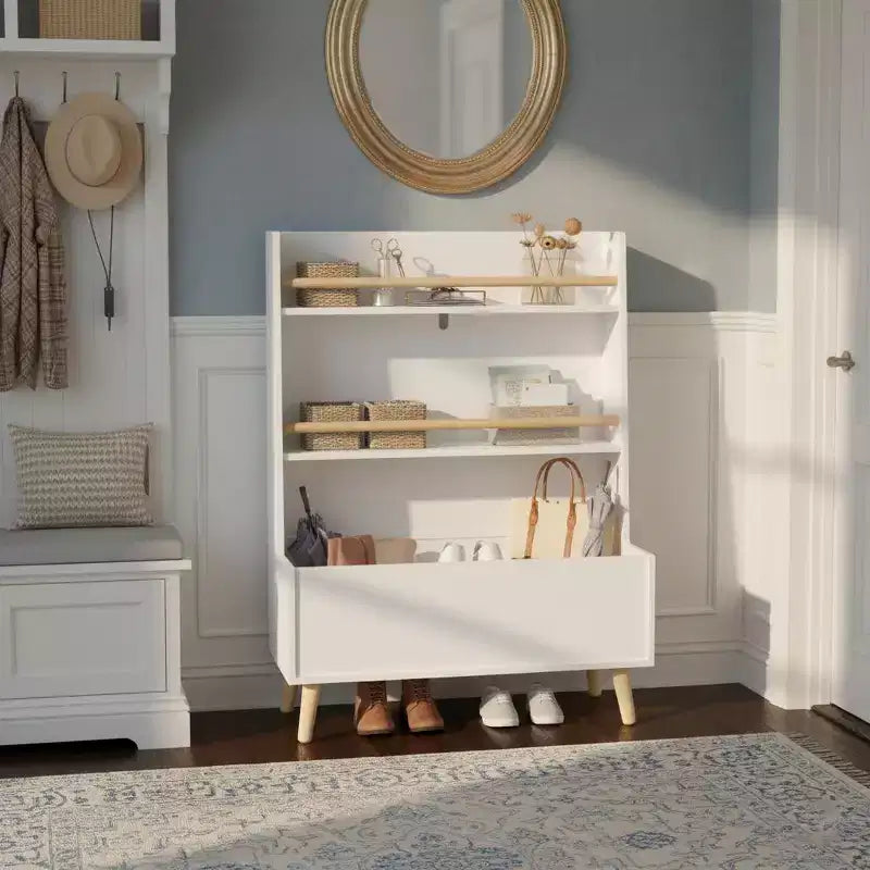 Étagère pour enfants Homy Casa avec étagères ouvertes et bac de rangement, Bibliothèque blanche avec pieds en bois pour salle de jeux ou chambre d'enfant