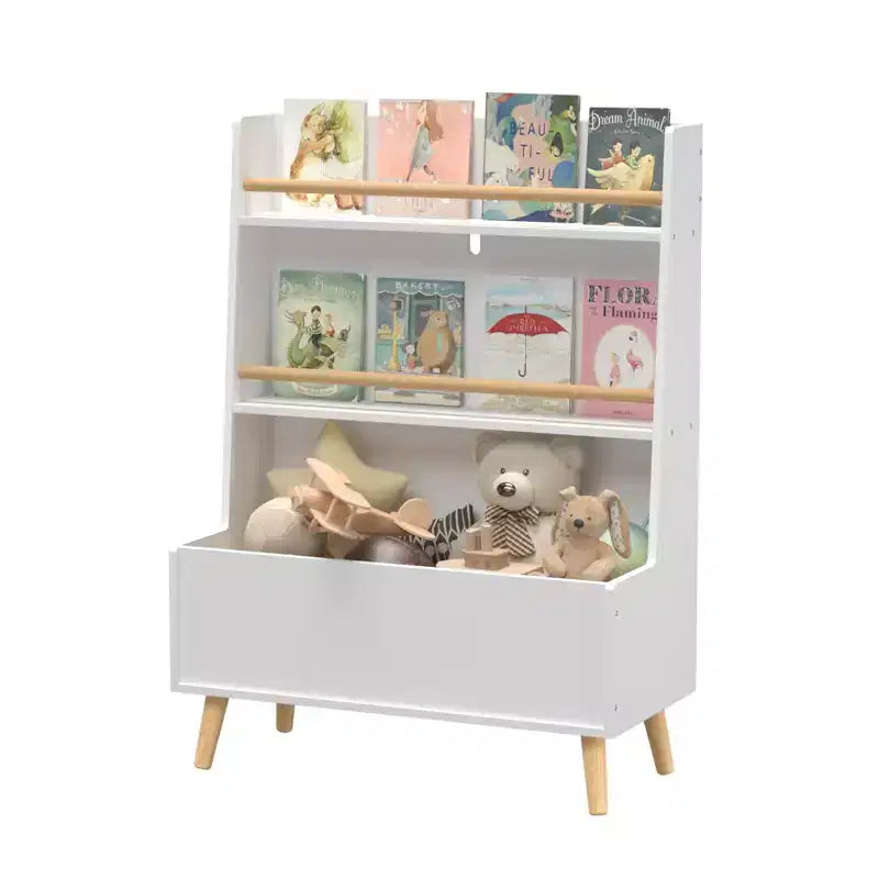 Étagère pour enfants Homy Casa avec étagères ouvertes et bac de rangement, Bibliothèque blanche avec pieds en bois pour salle de jeux ou chambre d'enfant
