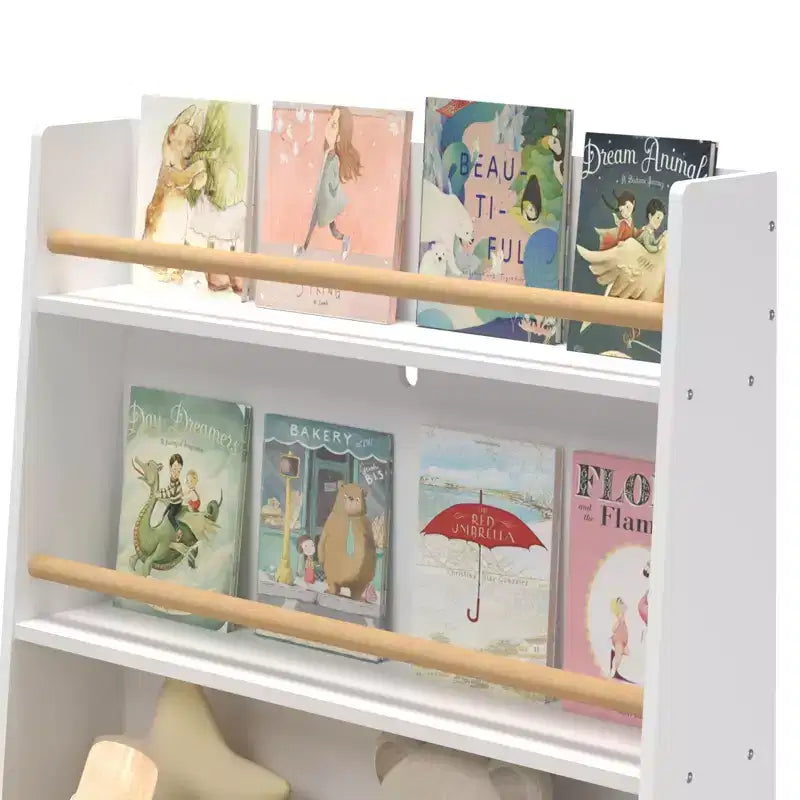 Étagère pour enfants Homy Casa avec étagères ouvertes et bac de rangement, Bibliothèque blanche avec pieds en bois pour salle de jeux ou chambre d'enfant
