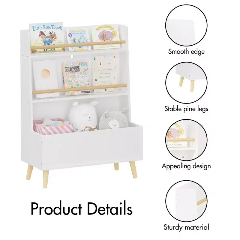 Étagère pour enfants Homy Casa avec étagères ouvertes et bac de rangement, Bibliothèque blanche avec pieds en bois pour salle de jeux ou chambre d'enfant