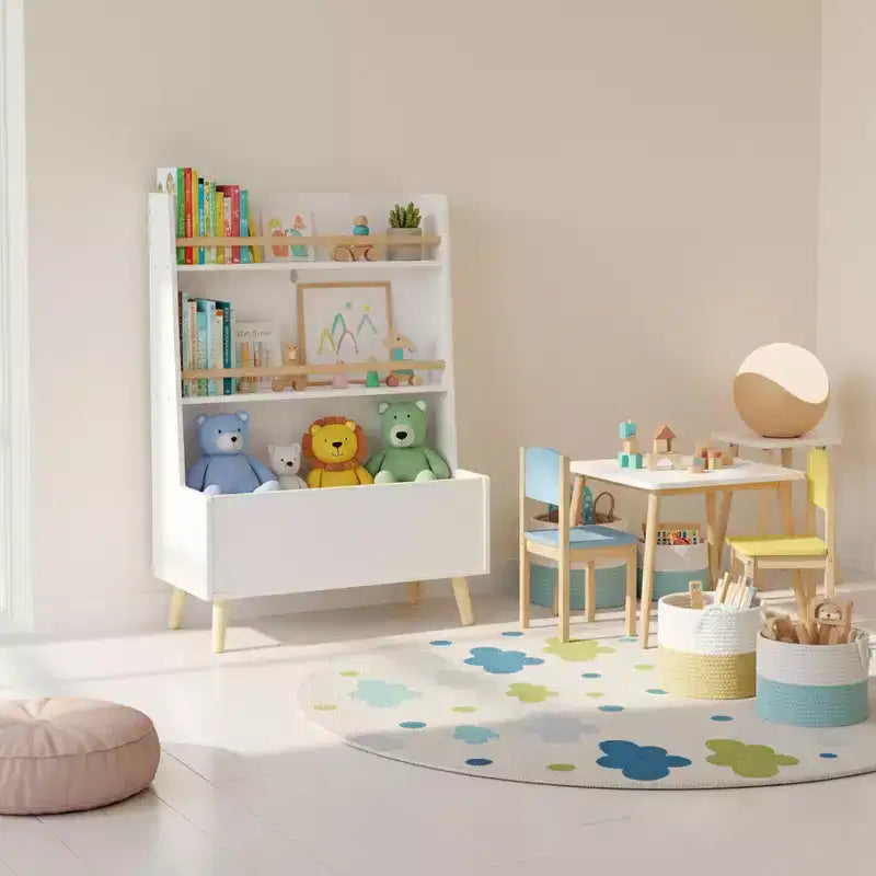 Étagère pour enfants Homy Casa avec étagères ouvertes et bac de rangement, Bibliothèque blanche avec pieds en bois pour salle de jeux ou chambre d'enfant