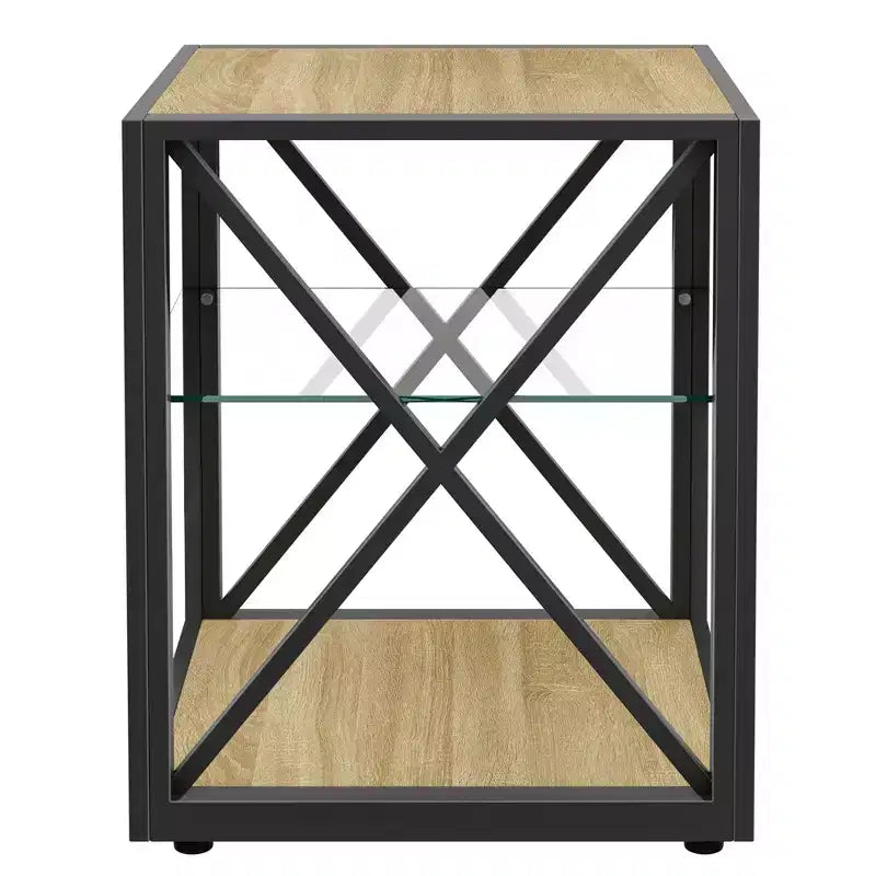 Table d'appoint moderne Okak avec cadre en métal, table d'appoint industrielle avec étagère en verre trempé, table de chevet pour salon, chambre à coucher