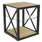 Table d'appoint moderne Okak avec cadre en métal, table d'appoint industrielle avec étagère en verre trempé, table de chevet pour salon, chambre à coucher