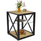 Table d'appoint moderne Okak avec cadre en métal, table d'appoint industrielle avec étagère en verre trempé, table de chevet pour salon, chambre à coucher