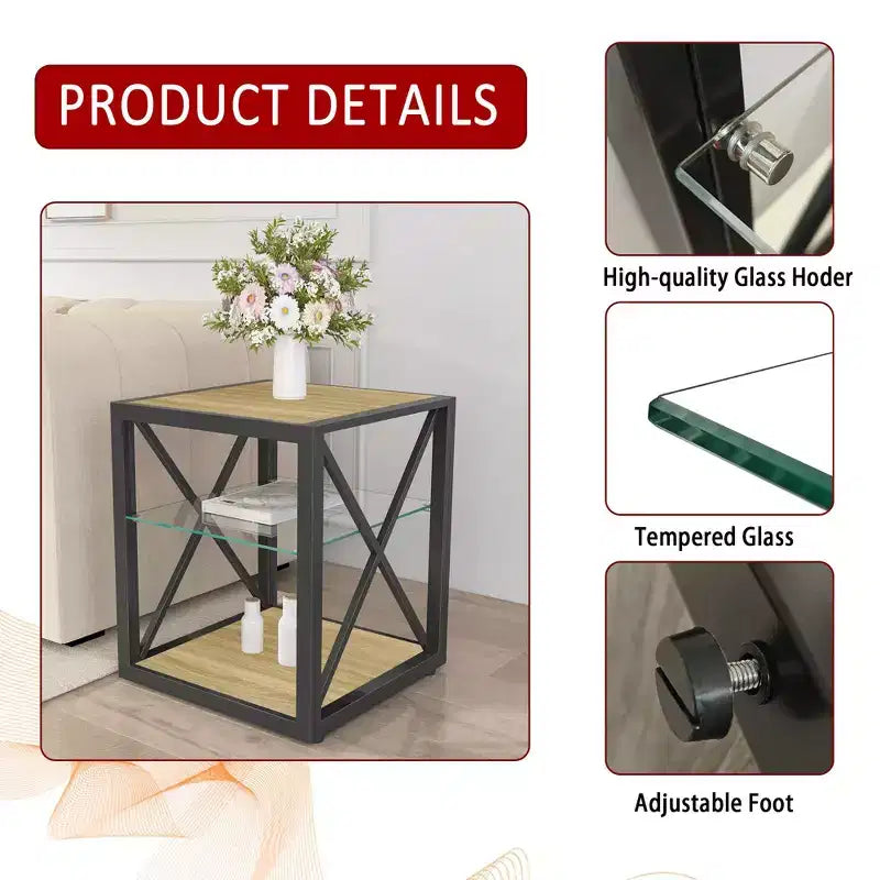 Table d'appoint moderne Okak avec cadre en métal, table d'appoint industrielle avec étagère en verre trempé, table de chevet pour salon, chambre à coucher