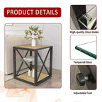 Table d'appoint moderne Okak avec cadre en métal, table d'appoint industrielle avec étagère en verre trempé, table de chevet pour salon, chambre à coucher
