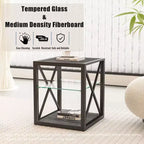 Table d'appoint moderne Okak avec cadre en métal, table d'appoint industrielle avec étagère en verre trempé, table de chevet pour salon, chambre à coucher