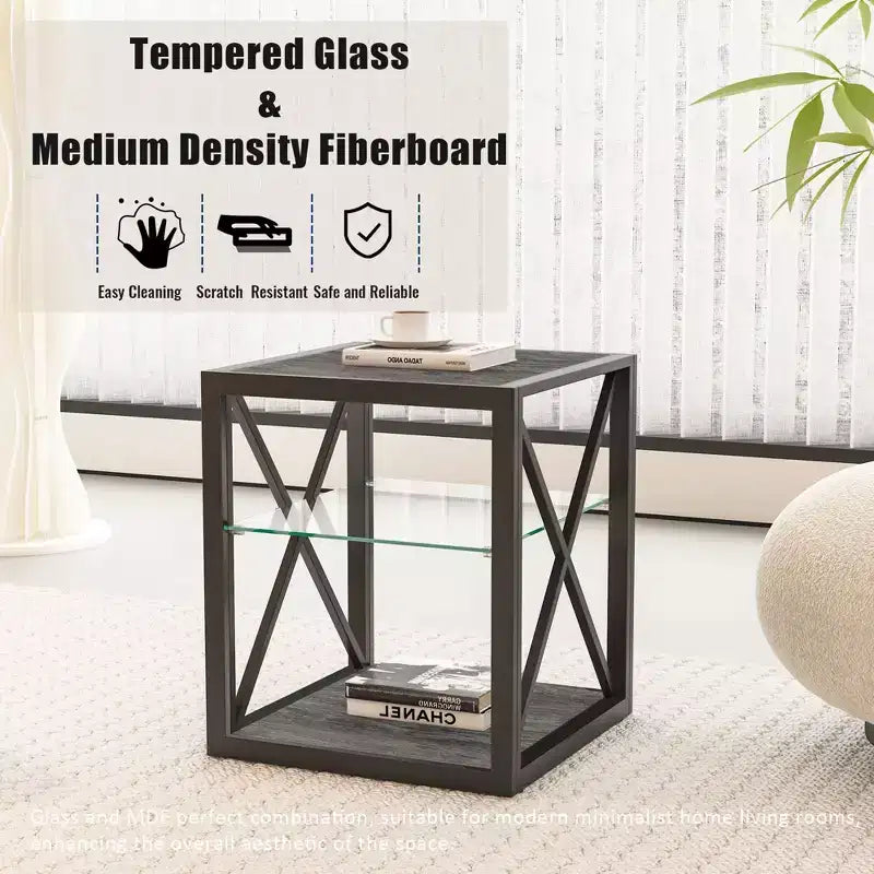 Table d'appoint moderne Okak avec cadre en métal, table d'appoint industrielle avec étagère en verre trempé, table de chevet pour salon, chambre à coucher