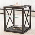 Table d'appoint moderne Okak avec cadre en métal, table d'appoint industrielle avec étagère en verre trempé, table de chevet pour salon, chambre à coucher