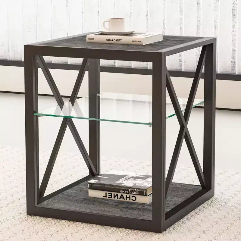 Table d'appoint moderne Okak avec cadre en métal, table d'appoint industrielle avec étagère en verre trempé, table de chevet pour salon, chambre à coucher