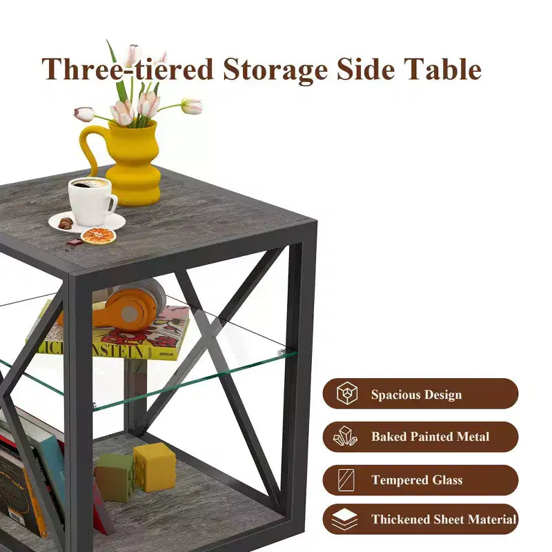Table d'appoint moderne Okak avec cadre en métal, table d'appoint industrielle avec étagère en verre trempé, table de chevet pour salon, chambre à coucher