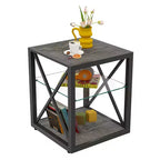 Table d'appoint moderne Okak avec cadre en métal, table d'appoint industrielle avec étagère en verre trempé, table de chevet pour salon, chambre à coucher