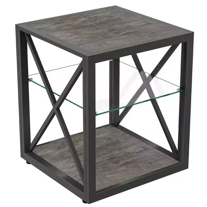 Table d'appoint moderne Okak avec cadre en métal, table d'appoint industrielle avec étagère en verre trempé, table de chevet pour salon, chambre à coucher