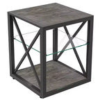 Table d'appoint moderne Okak avec cadre en métal, table d'appoint industrielle avec étagère en verre trempé, table de chevet pour salon, chambre à coucher