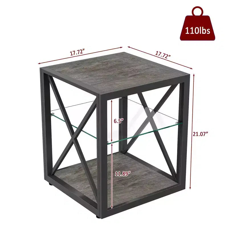 Table d'appoint moderne Okak avec cadre en métal, table d'appoint industrielle avec étagère en verre trempé, table de chevet pour salon, chambre à coucher