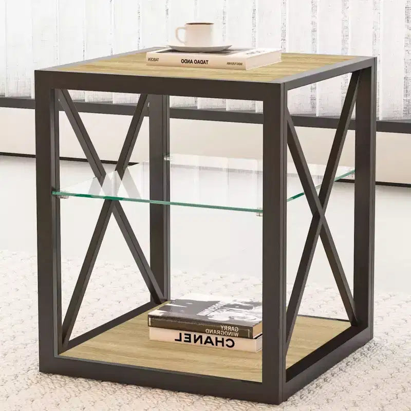 Table d'appoint moderne Okak avec cadre en métal, table d'appoint industrielle avec étagère en verre trempé, table de chevet pour salon, chambre à coucher