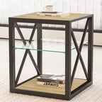 Table d'appoint moderne Okak avec cadre en métal, table d'appoint industrielle avec étagère en verre trempé, table de chevet pour salon, chambre à coucher