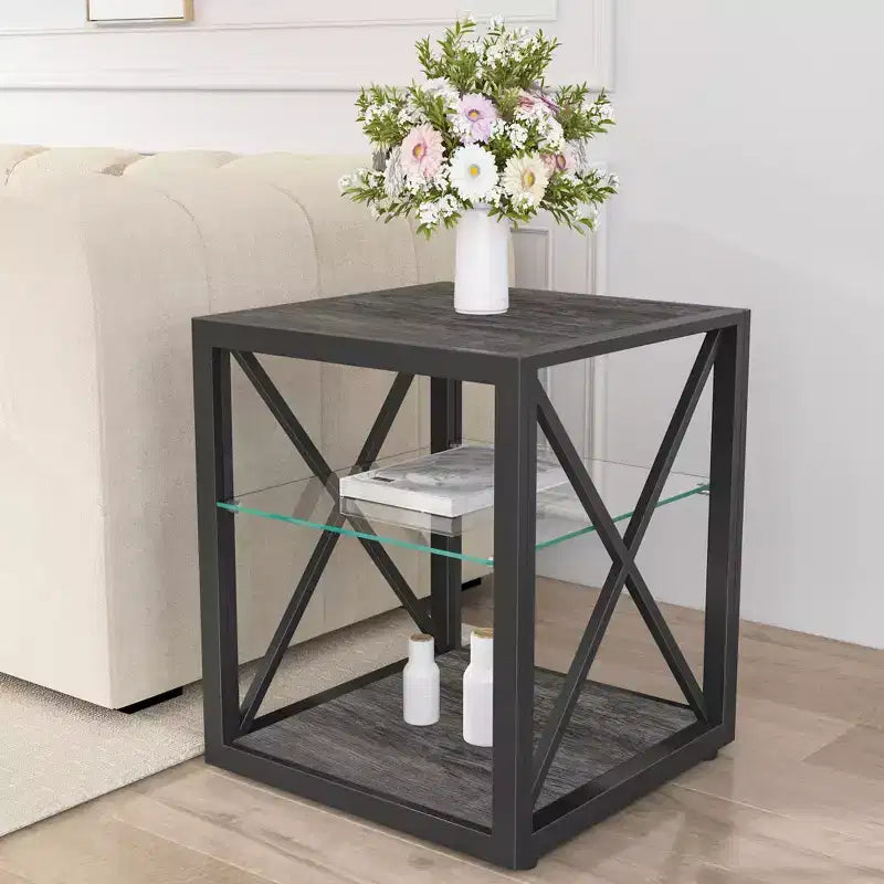 Table d'appoint moderne Okak avec cadre en métal, table d'appoint industrielle avec étagère en verre trempé, table de chevet pour salon, chambre à coucher