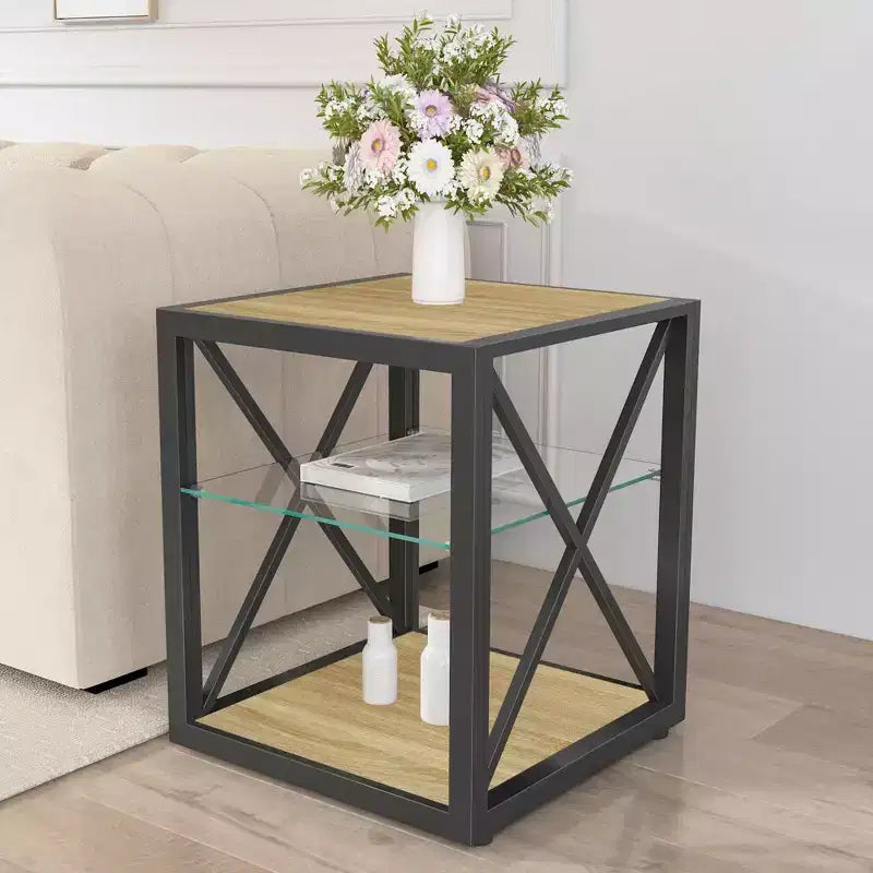Okak Modern End Table with Metal Frame, Industrial Side Table with Tempered Glass Shelf, Couch Table for Living Room, Bedroom