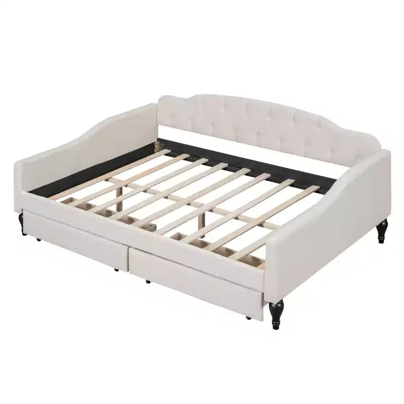 Lit de repos rembourré pleine grandeur avec 2 tiroirs, canapé-lit en lin avec dossier capitonné pour chambre à coucher, salon, chambre d'amis, beige
