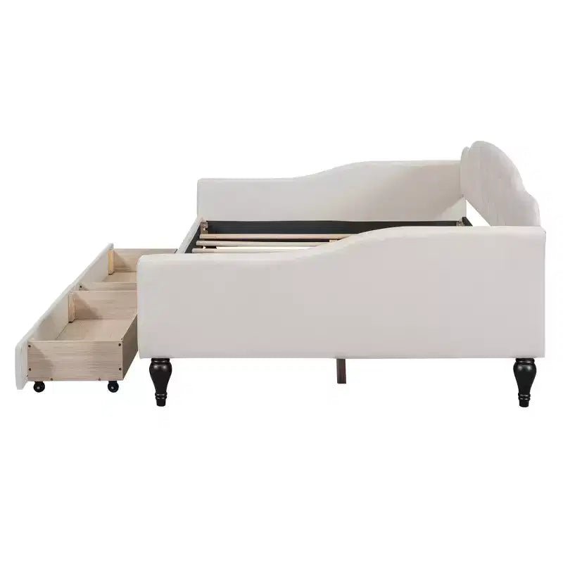 Lit de repos rembourré pleine grandeur avec 2 tiroirs, canapé-lit en lin avec dossier capitonné pour chambre à coucher, salon, chambre d'amis, beige