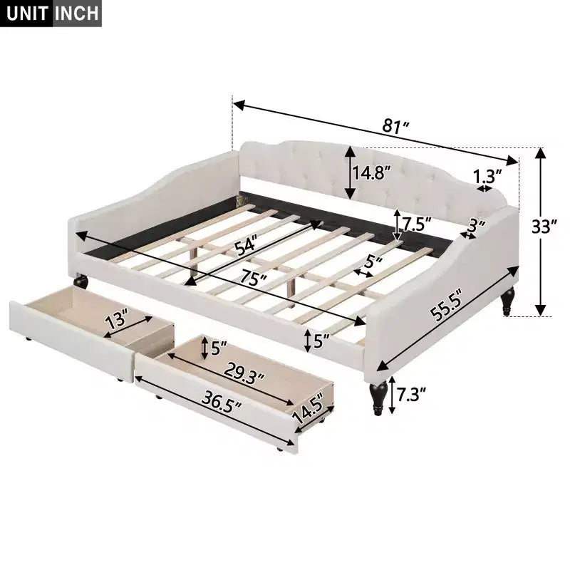 Lit de repos rembourré pleine grandeur avec 2 tiroirs, canapé-lit en lin avec dossier capitonné pour chambre à coucher, salon, chambre d'amis, beige